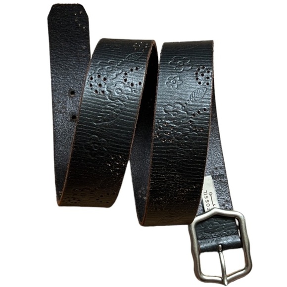 Fossil Women's Brown Genuine Leather Floral Embossed Belt With Silver Buckle - Picture 1 of 8